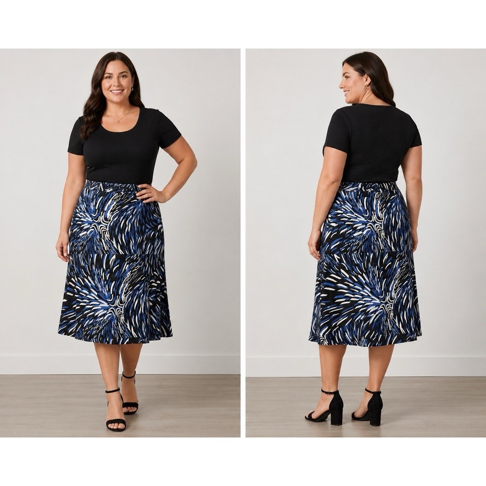 Le Suit Womens Size 18 Blue Black Abstract Print A-Line Midi Skirt Lined